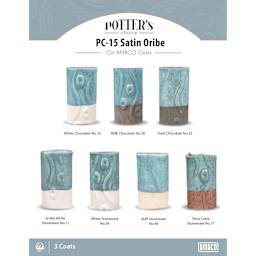 Sating Oribe Amaco Potter's Choice Glaze - 3 coats applied to Applied to White Chocolate, Milk Chocolate, Dark Chocolate, A-Mix White Stoneware, White Stoneware, Buff Stoneware, and Terra Cotta Stoneware clays.