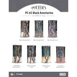 Black Aventurine Amaco Potter's Choice Glaze - 3 coats applied to Applied to White Chocolate, Milk Chocolate, Dark Chocolate, A-Mix White Stoneware, White Stoneware, Buff Stoneware, and Terra Cotta Stoneware clays. 