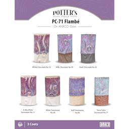 Flambe Amaco Potter's Choice Glaze - 3 coats applied to Applied to White Chocolate, Milk Chocolate, Dark Chocolate, A-Mix White Stoneware, White Stoneware, Buff Stoneware, and Terra Cotta Stoneware clays.