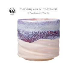 Cone 6. PC-57 Smokey Merlot over PCF-36 Rose Mist 2 Coats over 2 Coats.