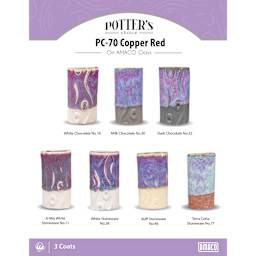 Copper Red Amaco Potter's Choice Glaze - 3 coats applied to Applied to White Chocolate, Milk Chocolate, Dark Chocolate, A-Mix White Stoneware, White Stoneware, Buff Stoneware, and Terra Cotta Stoneware clays.