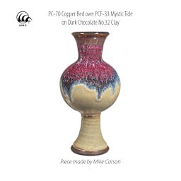 Amaco Potter's Choice Glaze Copper Red over PCF-33 Mystic Tide on Dark Chocolate No. 32 Clay. Piece by Mike Carson