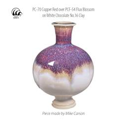 Amaco Potter's Choice Glaze Copper Red over PCF-54 Flux Blossom on White Chocolate No. 16 Clay. Piece made by Mike Carson.