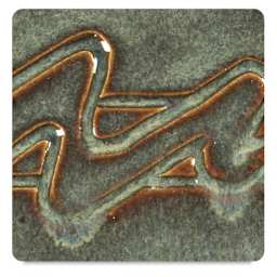 Amaco Potter's Choice Glazes - Iron Lustre, PC-33. Color sample in green shades with brown outlines.