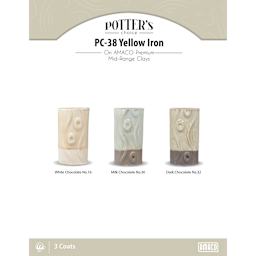 Yellow Iron Amaco Potter's Choice Glaze - 3 coats applied to Applied to White Chocolate No. 16 clay; Milk Chocolate No. 30 clay; and Dark Chocolate No. 32 clay.