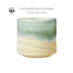 Cone 6. PC-47 Emerald Falls over PCF-60 Sunbeam. 2 Coats over 2 Coats.