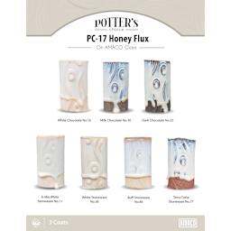 Honey Flux Amaco Potter's Choice Glaze - 3 coats applied to Applied to White Chocolate, Milk Chocolate, Dark Chocolate, A-Mix White Stoneware, White Stoneware, Buff Stoneware, and Terra Cotta Stoneware clays.