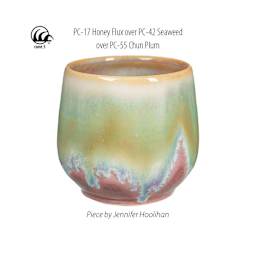 Honey Flux Amaco Potter's Choice Glaze over PC-42 Seaweed over PC-55 Chun Plum. Piece by Jennifer Hoolihan.