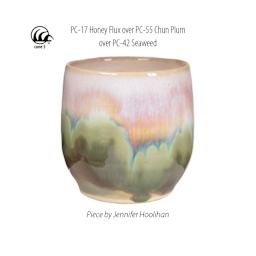 Honey Flux Amaco Potter's Choice Glaze over PC-55 Chun Plum over PC-42 Seaweed. Piece by Jennifer Hoolihan