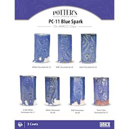 Blue Spark Amaco Potter's Choice Glaze - 3 coats applied to Applied to White Chocolate, Milk Chocolate, Dark Chocolate, A-Mix White Stoneware, White Stoneware, Buff Stoneware, and Terra Cotta Stoneware clays.