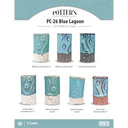 Blue Lagoon Amaco Potter's Choice Glaze - 3 coats applied to Applied to White Chocolate, Milk Chocolate, Dark Chocolate, A-Mix White Stoneware, White Stoneware, Buff Stoneware, and Terra Cotta Stoneware clays.