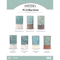 Blue Stone Amaco Potter's Choice Glaze - 3 coats applied to Applied to White Chocolate, Milk Chocolate, Dark Chocolate, A-Mix White Stoneware, White Stoneware, Buff Stoneware, and Terra Cotta Stoneware clays.