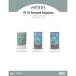 Textured Turquoise Amaco Potter's Choice Glaze - 3 coats applied to Applied to White Chocolate No. 16 clay; Milk Chocolate No. 30 clay; and Dark Chocolate No. 32 clay. 