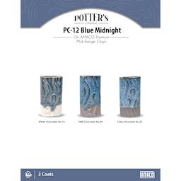 Blue Midnight Amaco Potter's Choice Glaze - 3 coats applied to Applied to White Chocolate No. 16 clay; Milk Chocolate No. 30 clay; and Dark Chocolate No. 32 clay.