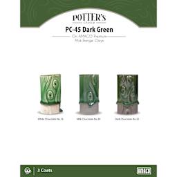 Dark Green Amaco Potter's Choice Glaze - 3 coats applied to Applied to White Chocolate No. 16 clay; Milk Chocolate No. 30 clay; and Dark Chocolate No. 32 clay. 