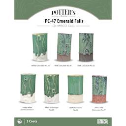 Emerald Falls Amaco Potter's Choice Glaze - 3 coats applied to Applied to White Chocolate, Milk Chocolate, Dark Chocolate, A-Mix White Stoneware, White Stoneware, Buff Stoneware, and Terra Cotta Stoneware clays.