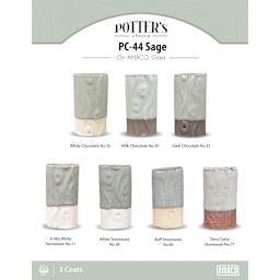 Sage Amaco Potter's Choice Glaze - 3 coats applied to Applied to White Chocolate, Milk Chocolate, Dark Chocolate, A-Mix White Stoneware, White Stoneware, Buff Stoneware, and Terra Cotta Stoneware clays.