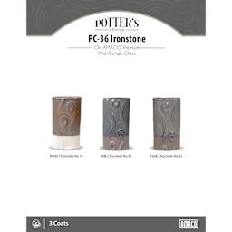 Ironstone Amaco Potter's Choice Glaze - 3 coats applied to Applied to White Chocolate No. 16 clay; Milk Chocolate No. 30 clay; and Dark Chocolate No. 32 clay.