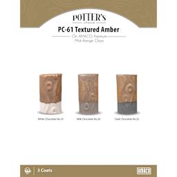 Textured Amber Amaco Potter's Choice Glaze - 3 coats applied to Applied to White Chocolate No. 16 clay; Milk Chocolate No. 30 clay; and Dark Chocolate No. 32 clay.