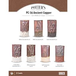 Ancient Copper Amaco Potter's Choice Glaze - 3 coats applied to Applied to White Chocolate, Milk Chocolate, Dark Chocolate, A-Mix White Stoneware, White Stoneware, Buff Stoneware, and Terra Cotta Stoneware clays.