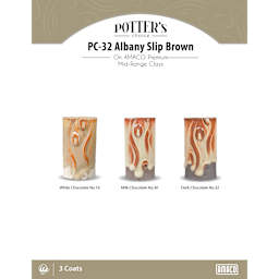 Albany Slip Brown Amaco Potter's Choice Glaze - 3 coats applied to Applied to White Chocolate No. 16 clay; Milk Chocolate No. 30 clay; and Dark Chocolate No. 32 clay. 