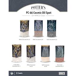 Cosmic Oilspot Amaco Potter's Choice Glaze - 3 coats applied to Applied to White Chocolate, Milk Chocolate, Dark Chocolate, A-Mix White Stoneware, White Stoneware, Buff Stoneware, and Terra Cotta Stoneware clays.