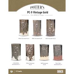 Vintage Gold Amaco Potter's Choice Glaze - 3 coats applied to Applied to White Chocolate, Milk Chocolate, Dark Chocolate, A-Mix White Stoneware, White Stoneware, Buff Stoneware, and Terra Cotta Stoneware clays.