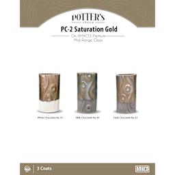Saturation Gold Amaco Potter's Choice Glaze - 3 coats applied to Applied to White Chocolate No. 16 clay; Milk Chocolate No. 30 clay; and Dark Chocolate No. 32 clay.