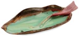 Amaco Potter's Choice Glazes - Ceramic leaf dish in green, brown, and red glazes. 