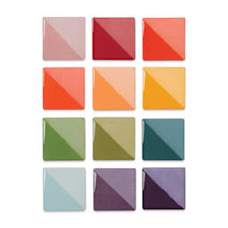 Speedball Ceramic Underglaze - Sampler, Set of 12, 2 oz, fired on white clay bisque tiles, half covered in Speedball Clear Glaze, fired to cone 05