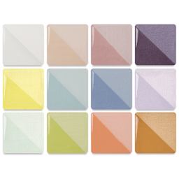Speedball Ceramic Underglaze - Pastel Bulk Sampler, Set of 12, fired on white clay bisque tiles, half covered in Speedball Clear Glaze, fired to cone 05