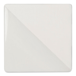 Speedball Ceramic Underglaze - White, Opaque, 2 oz, fired on white clay bisque tiles, half covered in Speedball Clear Glaze, fired to cone 05