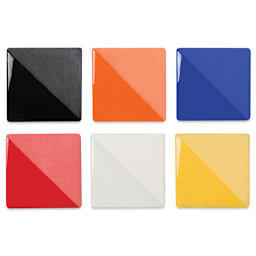 Speedball Ceramic Underglaze - School Pack, Set of 6, 16 oz, fired on white clay bisque tiles, half covered in Speedball Clear Glaze, fired to cone 05