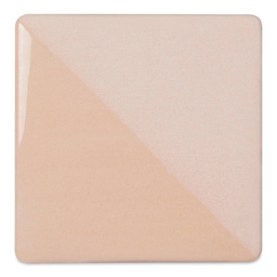 Speedball Ceramic Underglaze - Cream, Opaque, fired on white clay bisque tiles, half covered in Speedball Clear Glaze, fired to cone 05