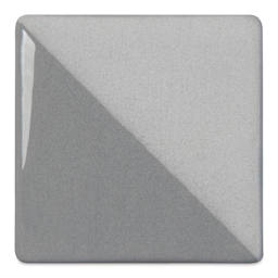 Speedball Ceramic Underglaze - Gray, Opaque, fired on white clay bisque tiles, half covered in Speedball Clear Glaze, fired to cone 05