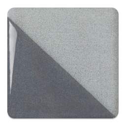 Speedball Ceramic Underglaze - Cool Gray, fired on white clay bisque tiles, half covered in Speedball Clear Glaze, fired to cone 05