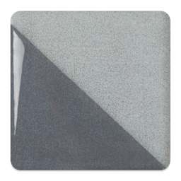 Speedball Ceramic Underglaze - Cool Gray, fired on white clay bisque tiles, half covered in Speedball Clear Glaze, fired to cone 05