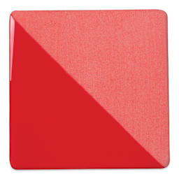 Speedball Ceramic Underglaze - Red, Opaque, fired on white clay bisque tiles, half covered in Speedball Clear Glaze, fired to cone 05