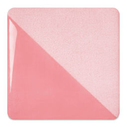 Speedball Ceramic Underglaze - Bubble Gum, fired on white clay bisque tiles, half covered in Speedball Clear Glaze, fired to cone 05