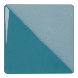Speedball Ceramic Underglaze - Turquoise, Opaque, fired on white clay bisque tiles, half covered in Speedball Clear Glaze, fired to cone 05