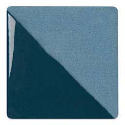 Speedball Ceramic Underglaze - Sea Blue, Opaque, fired on white clay bisque tiles, half covered in Speedball Clear Glaze, fired to cone 05