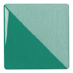 Speedball Ceramic Underglaze - Aqua, Opaque, fired on white clay bisque tiles, half covered in Speedball Clear Glaze, fired to cone 05