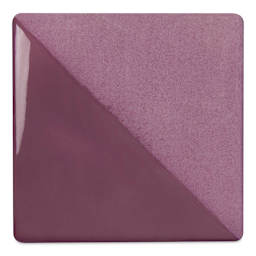 Speedball Ceramic Underglaze - Purple, Opaque, fired on white clay bisque tiles, half covered in Speedball Clear Glaze, fired to cone 05