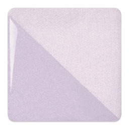 Speedball Ceramic Underglaze - Lilac, fired on white clay bisque tiles, half covered in Speedball Clear Glaze, fired to cone 05