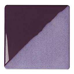 Speedball Ceramic Underglaze - Royal Purple, Opaque, fired on white clay bisque tiles, half covered in Speedball Clear Glaze, fired to cone 05