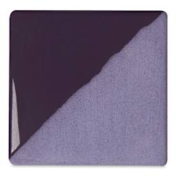 Speedball Ceramic Underglaze - Royal Purple, Opaque, fired on white clay bisque tiles, half covered in Speedball Clear Glaze, fired to cone 05