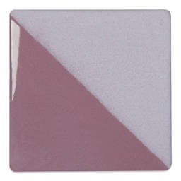 Speedball Ceramic Underglaze - Violet, Opaque, fired on white clay bisque tiles, half covered in Speedball Clear Glaze, fired to cone 05
