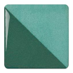 Speedball Ceramic Underglaze - Emerald, fired on white clay bisque tiles, half covered in Speedball Clear Glaze, fired to cone 05