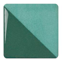 Speedball Ceramic Underglaze - Emerald, fired on white clay bisque tiles, half covered in Speedball Clear Glaze, fired to cone 05