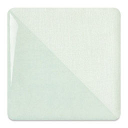 Speedball Ceramic Underglaze - Honeydew, fired on white clay bisque tiles, half covered in Speedball Clear Glaze, fired to cone 05